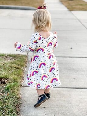 Kids Rainbow Print White Long Sleeve Dress